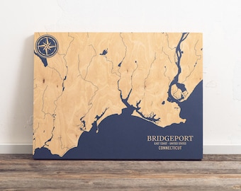 Bridgeport, Connecticut Map | Engraved Wood Coastal Wall Art Sign, Beach House Home Decor Nautical Print, Unique Personalized Family Gift