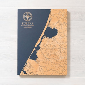 Eureka, Kalifornien Karte | Küsten Kunst Holzschild, Strandhaus Wohnkultur Wandbehang Wasserdruck Einzigartiges personalisiertes Geschenk für die Familie