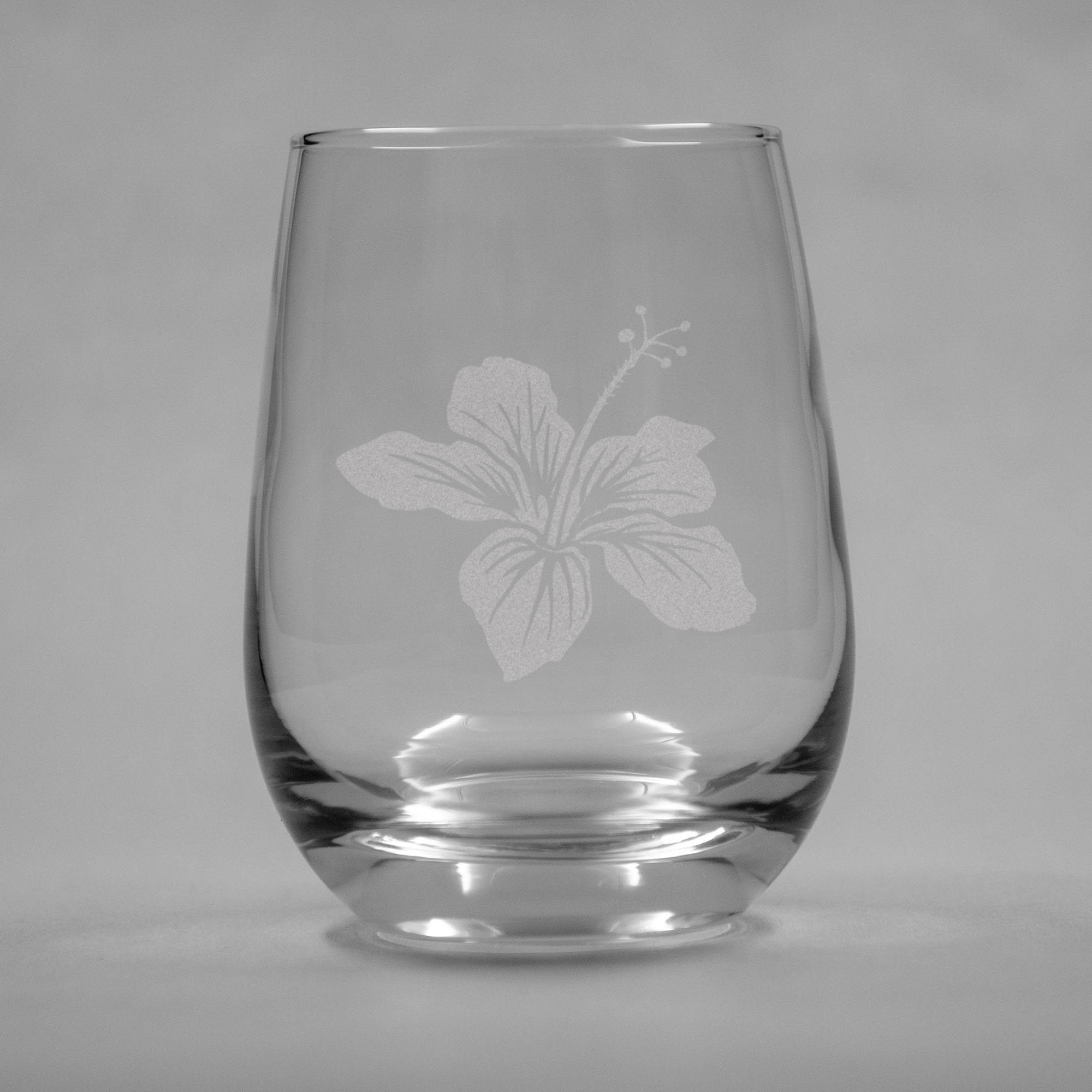 Hibiscus Etched Stemless Wine Glassesset of 2 Etched Etsy