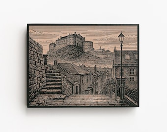 Edinburgh Castle Wall Art Panel | Engraved Birch Wood Cityscape, Scotland Old Town Street Scene, Travel Decor Gift