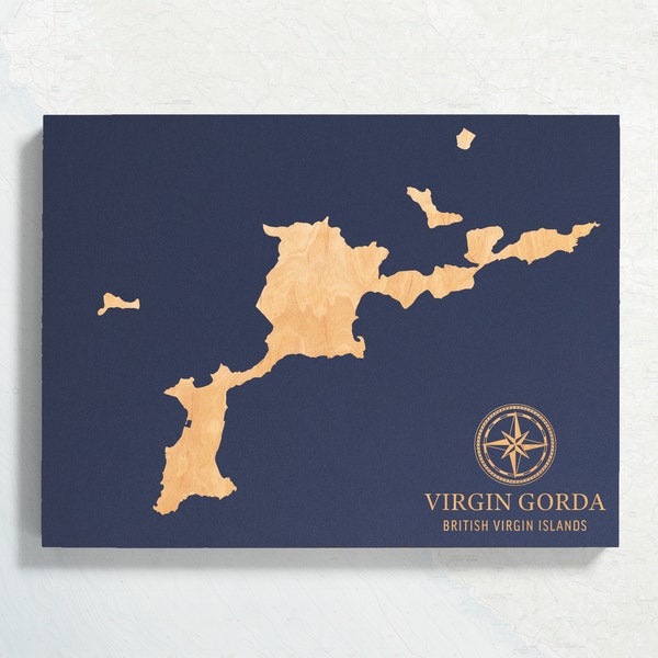 Kaart van Virgin Gorda, Britse Maagdeneilanden | BVI gegraveerd hout Coastal Chart Wall Art Sign, Beach Home Decor Print, gepersonaliseerd familiecadeau