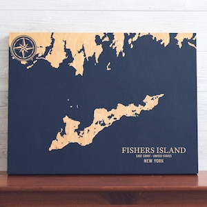 Fishers Island, New York Karte | "Graviertes Holz Küstenkarte Wand Kunst Zeichen, Strand Wohnkultur nautischen Druck, einzigartiges personalisiertes Geschenk für die Familie