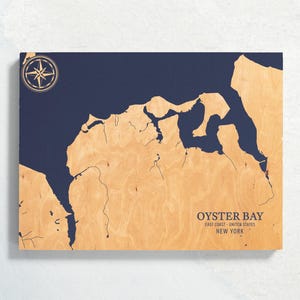 Oyster Bay, New York Karte | "Graviertes Holz Küsten Karte Wand Kunst Schild, Strand Haus Wohnkultur nautischen Druck, einzigartiges personalisiertes Geschenk für die Familie