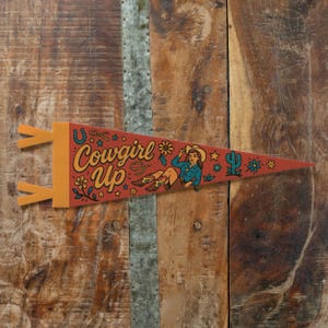 Cowgirl Up Felt Pennant | Western Wall Decor, Ranch Cowboy Banner, Rustic Girls Room Sign, Handmade Western Art, Fun Country Gift Idea Large Pennant