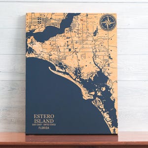 Kaart Estero Island, Florida | Gegraveerd houten bord kustmuur, huisdecor strandhuis nautische print, uniek gepersonaliseerd familiecadeau
