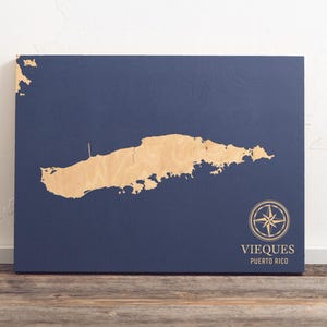 Mappa di Vieques, Porto Rico / Cartello da parete in legno inciso con carta costiera, decorazione per la casa sulla spiaggia, stampa nautica, regalo personalizzato unico per la famiglia