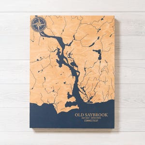 Mapa de Old Saybrook, Connecticut / Letrero costero de madera grabado, decoración de casa de playa, impresión náutica para colgar en la pared, regalo personalizado único