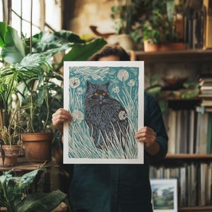 Black Cat in Dandelions Art Print - Vintage inspired linocut block print style poster, archival fine art print. Nature folk art gift. image 3