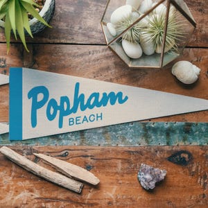 Custom Outdoorsy Name Felt Pennant | Personalized neutral vintage style sign, Location island beach home decor flag, Mountain lake camp gift