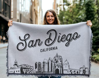 San Diego California City Blanket | Woven Throw Blanket Gift, Black & White Skyline City Art, Fun Home Decor, Cozy Soft City Gift