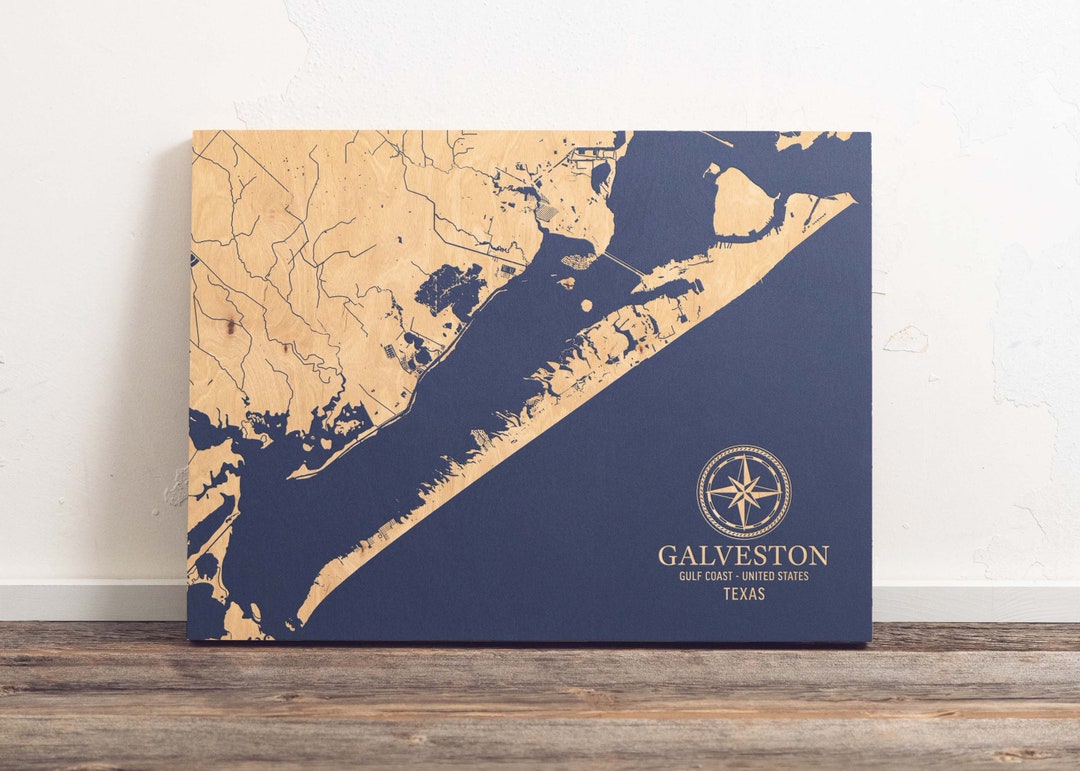 Galveston, Texas Map Engraved Wood Coastal Chart Wall Art Sign, Beach House Decor Nautical Life