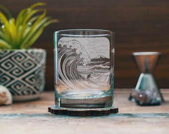Surfing Scene Glasses | Personalized etched beer, whiskey, wine & cocktail glassware. Beach Coast Lifestyle gift, Tropical Summer Vibes.