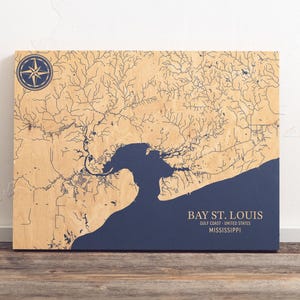 Mapa de la bahía de St. Louis, Misisipi, letrero de pared con carta costera grabada en madera, decoración náutica para casa de playa, regalo familiar personalizado único