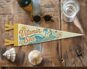 Vitamin Sea Felt Pennant | Ocean Wall Decor, Surf Inspired Banner, Handmade Beach House Sign, Coastal Summer Art, Gift for Beach Lovers