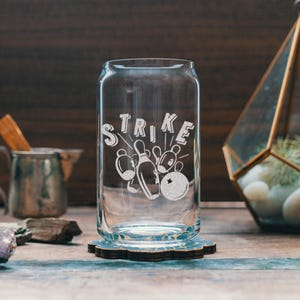 Custom Strike Bowler Engraved Glasses | Personalized sport etched glassware for beer, whiskey, wine and cocktails. Home decor & league gift.