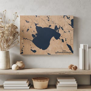 Lago Winnibigoshish Minnesota / Mappa personalizzata del lago Decorazione per la casa, regalo personalizzato per casa sul lago, regalo per anniversario di matrimonio in campeggio, arte incisa su legno