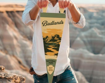 Badlands National Park Felt Pennant | Vintage style poster. Vintage typography South Dakota flag wall art home decor. USA Handmade Gift