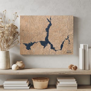 Lake Mead Arizona / Decorazione per la casa con mappa personalizzata del lago, regalo personalizzato per casa sul lago, regalo per anniversario di matrimonio in campeggio, arte murale in legno incisa