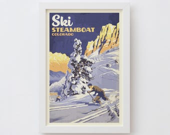 Steamboat Colorado Art Print | Vintage Style Ski Poster Wall Art, Retro Mountain State Souvenir Decor, Ski & Snowboard Travel Gift