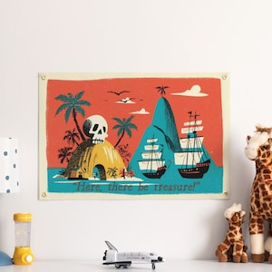 Pirate Treasure Island Scene Felt Poster Banner | Vintage fantasy wall art gift. Kids room decor gift. Imaginative children's Flag decor