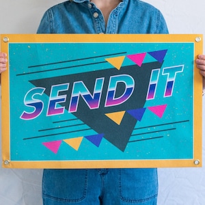 Send It Felt Banner | Skier & snowboarder inspired wall art gift. Humorous extreme sports poster. Camp flag pennant home decor. US Handmade