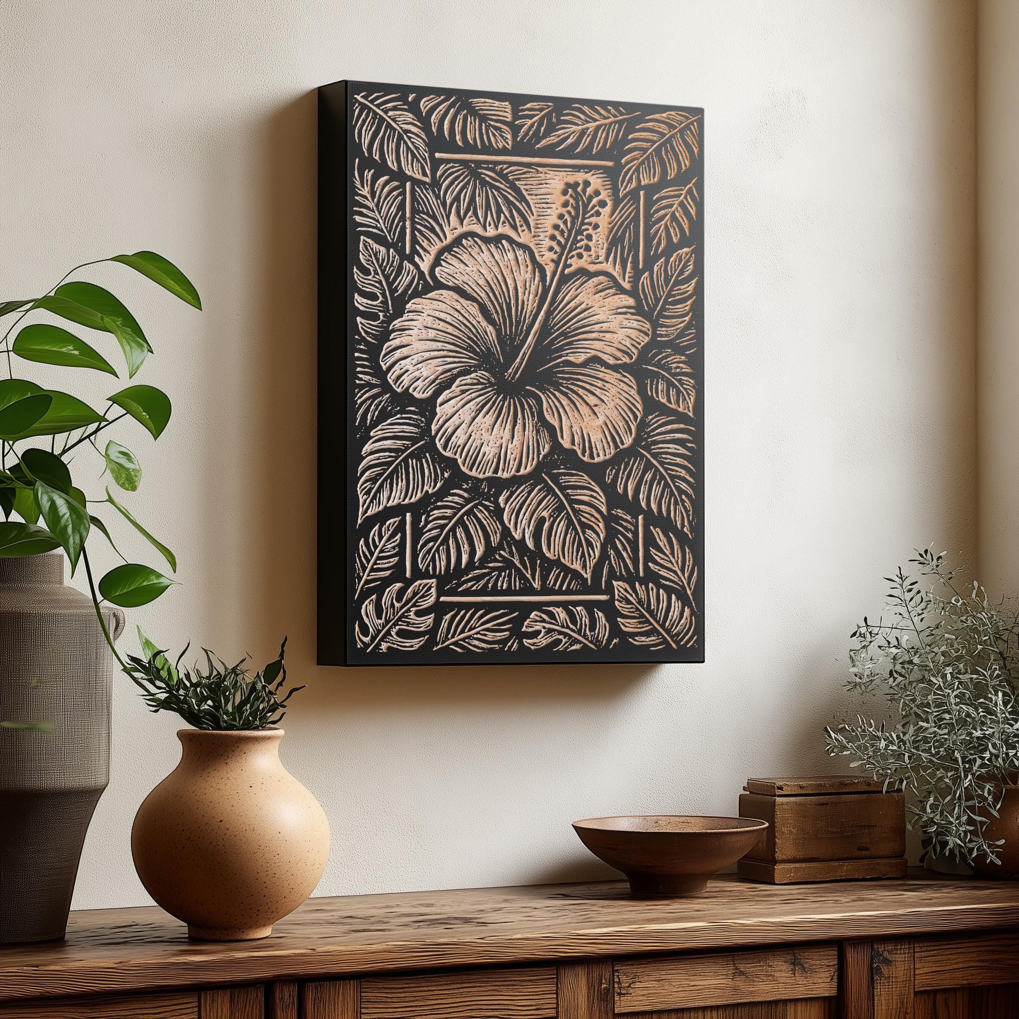 Hibiscus Flower Engraved Illustration : Nature Inspired Botanical