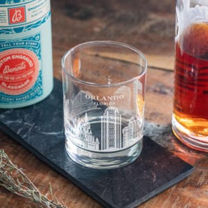 Orlando, Florida City Skyline Engraved Glasses | Hometown Pride Glassware, Whiskey Rocks Wine & Beer Barware, Travel Special Trip Gift