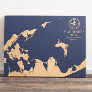 Gardiners Bay, New York Karte | "Graviertes Holz Küstenkarte Wand Kunst Zeichen, Strand Wohnkultur nautischen Druck, einzigartiges personalisiertes Geschenk für die Familie