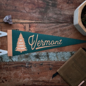 Vermont Felt Pennant | Green mountain state sport poster banner. Vintage typography camp flag pennant home decor. USA Handmade