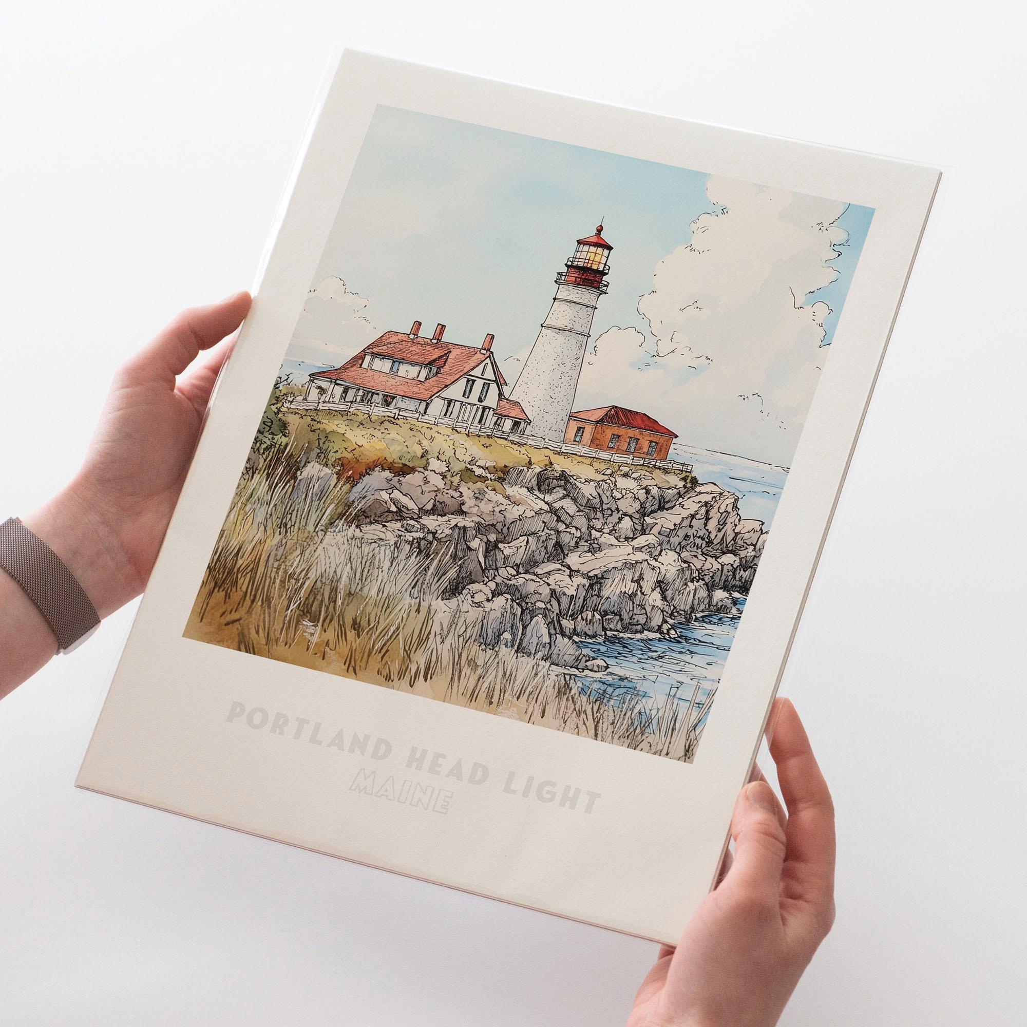 Portland Head Light Wall Art Print - Pen Ink & Watercolor Lighthouse ...