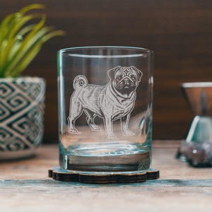 Pug Customizable Dog Glasses | Your Dog&#39;s Name Personalized engraved glassware for beer, whiskey, wine & drinks. Pet lover owner gift.