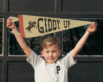 Giddy Up Felt Pennant | Vintage Wild West Cowboy Banner, Inspirational Kids Room Decor, Western Nursery Wall Art, Rustic Home Accent Gift.