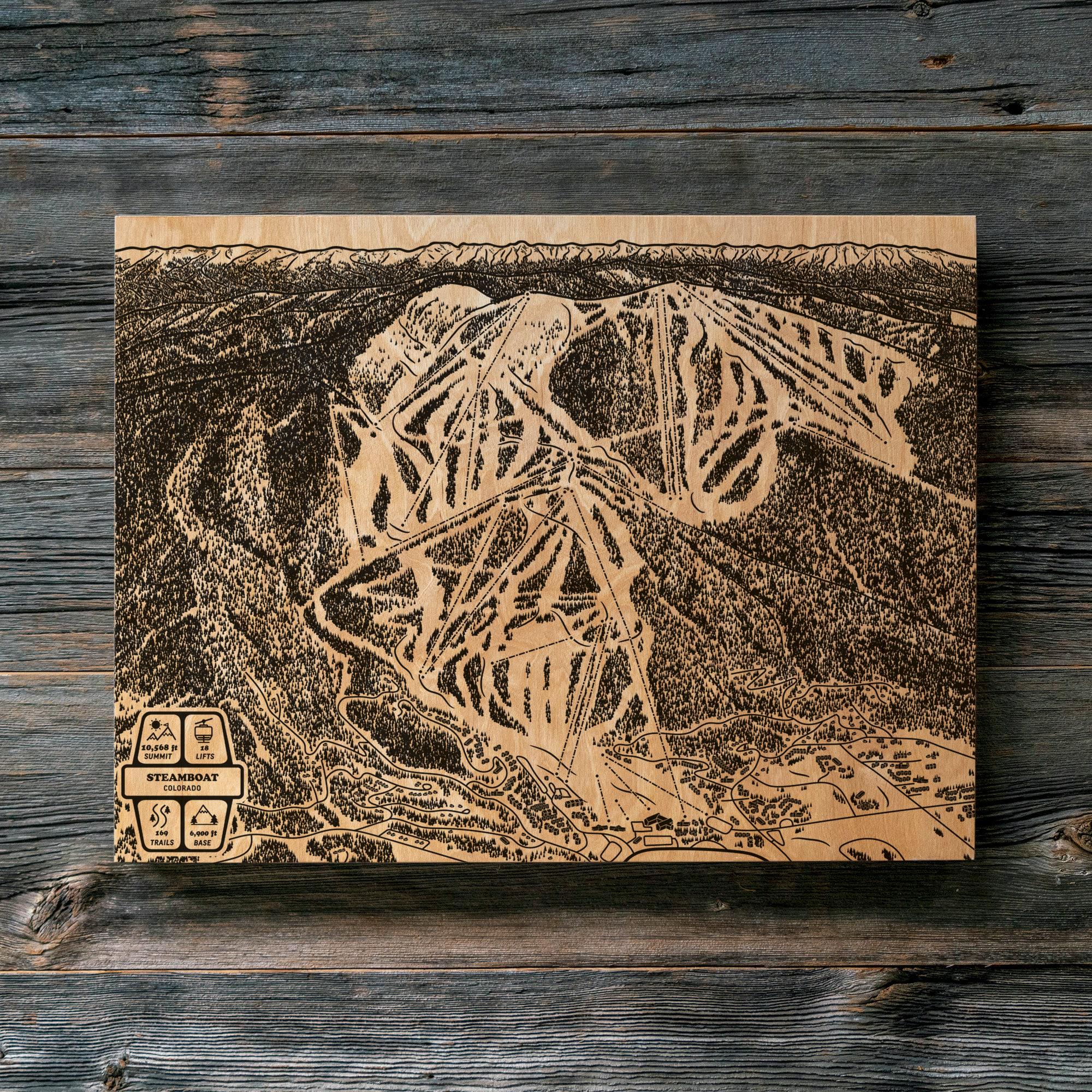 Steamboat Colorado Ski Track Karte | Gravierte Holzwandkunst, Winterhütten-Dekor, Snowboard-Gebirgsspur-Plakat, personalisiertes Geschenk für die Familie