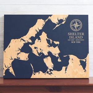 Shelter Island, New York Karte | "Graviertes Holz Küstenkarte Wand Kunst Zeichen, Strand Wohnkultur nautischen Druck, einzigartiges personalisiertes Geschenk für die Familie