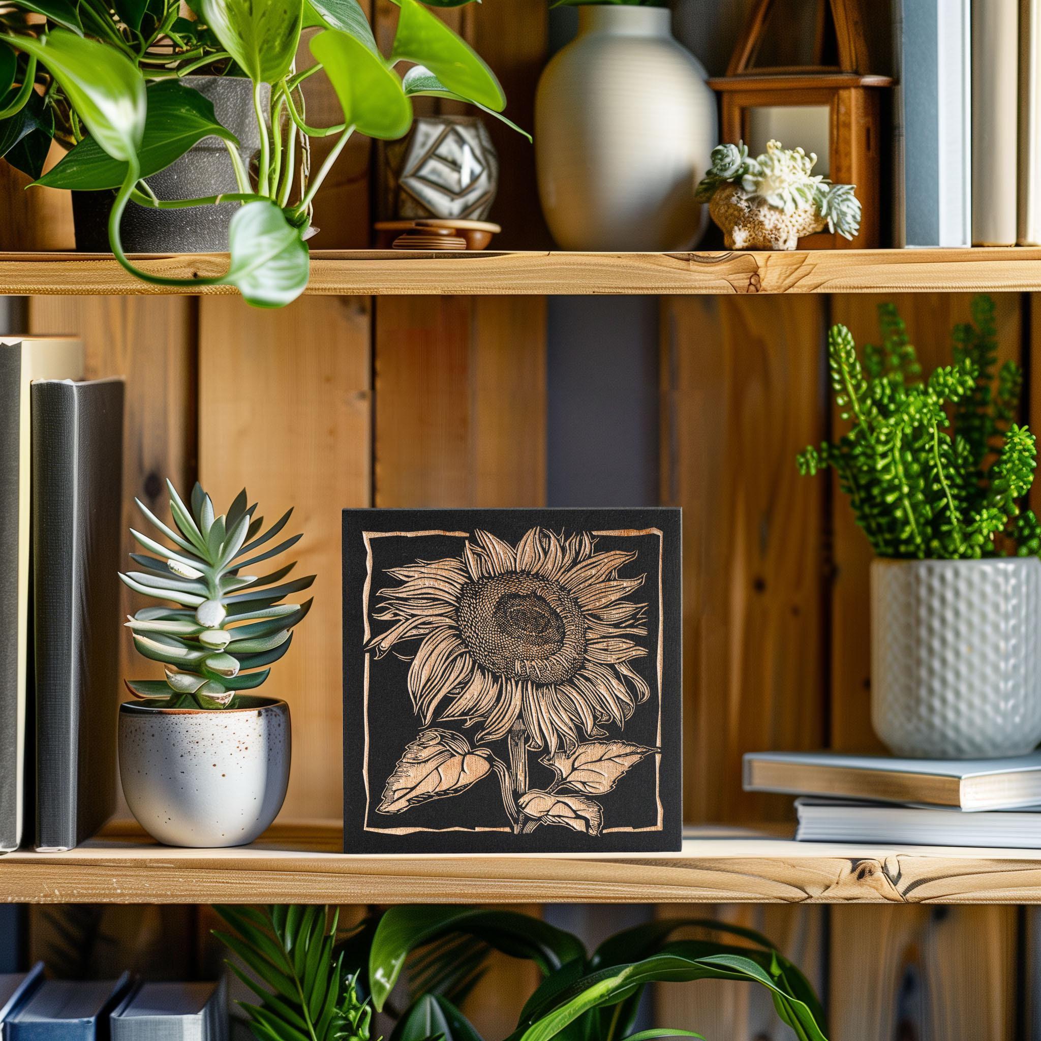 Sunflower Mini Engraved Birch Wood Panel | Block Print Style Flower Wall Art, Floral Illustration Print, Farmhouse Home Decor, Gardener Gift