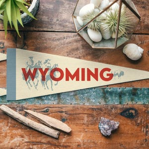 Gagliardetto in feltro del Wyoming / Manifesto dello Stato dei Cowboy. Decorazione per la casa con gagliardetto con bandiera del bisonte americano e tipografia vintage. Fatto a mano negli Stati Uniti.