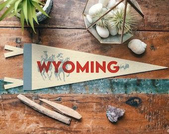 Wyoming Felt Pennant | Cowboy State banner poster. Vintage typography American Bison flag pennant home decor. USA Handmade