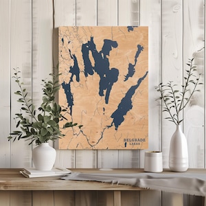 Belgrader Seen Maine | Benutzerdefinierte See Karte Wohnkultur, personalisierte See Haus Geschenk, Jahrestag Hochzeitslager Geschenk, gravierte Holz Wandkunst