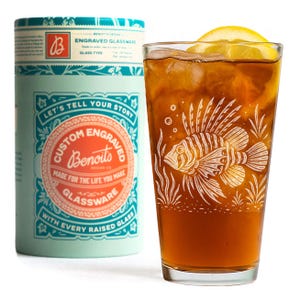 Lionfish Glasses | Laser Etched Lionfish Illustration, Ocean Wildlife Barware, Coastal Gift Pint