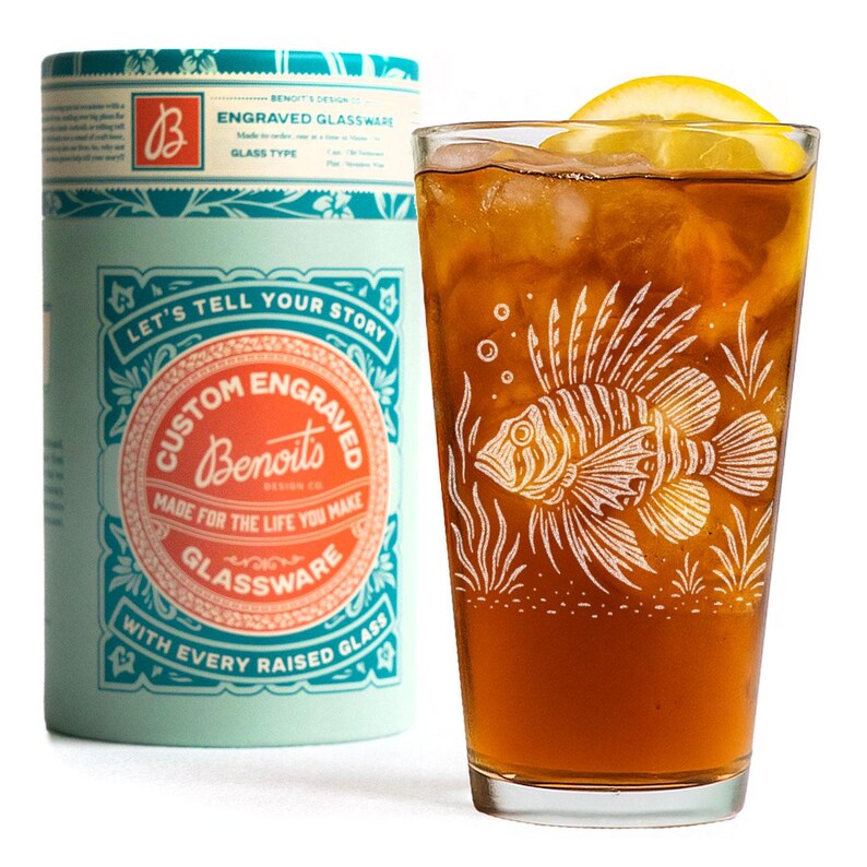 Lionfish Glasses | Laser Etched Lionfish Illustration, Ocean Wildlife Barware, Coastal Gift Pint