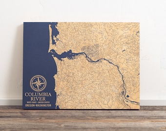 Columbia River, Oregon Washington Map | Engraved Wood Coastal Chart Wall Art Sign, Beach Home Decor Nautical Print, Personalized Family Gift