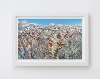 May include: A framed print of a topographical map of Yosemite National Park. The map features a detailed, three-dimensional rendering of the park's mountains, valleys, and lakes, with a blue sky background. The print is in a white frame.
