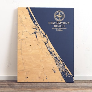 Kaart New Smyrna Beach, Florida | Gegraveerd houten bord kustmuur, huisdecor strandhuis nautische print, uniek gepersonaliseerd familiecadeau