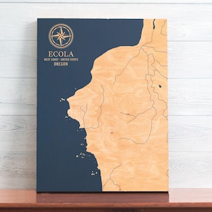 Ecola, Oregon Karte | "Graviertes Holz Küstenkarte Wand Kunst Zeichen, Strand Wohnkultur nautischen Druck, einzigartiges personalisiertes Geschenk für die Familie