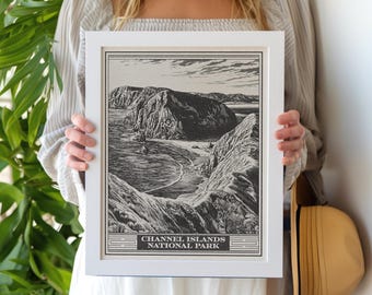 Impresión estilo litografía del Parque Nacional de las Islas del Canal - Impresión artística mate vintage de archivo de California. Regalo de la isla Santa Rosa de Santa Cruz.