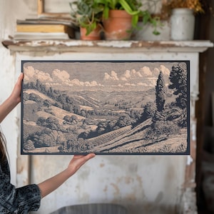 Wine Country Wall Art | Napa & Sonoma Valley, Engraved Wooden Lithograph Illustration, Large Wall Art, California Vineyard Home Decor Print