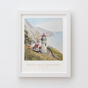 Heceta Head Lighthouse Oregon Wall Art Print - Pen Ink & Watercolor Coastal Decor Illustration, archival quality fine art print. State gift.