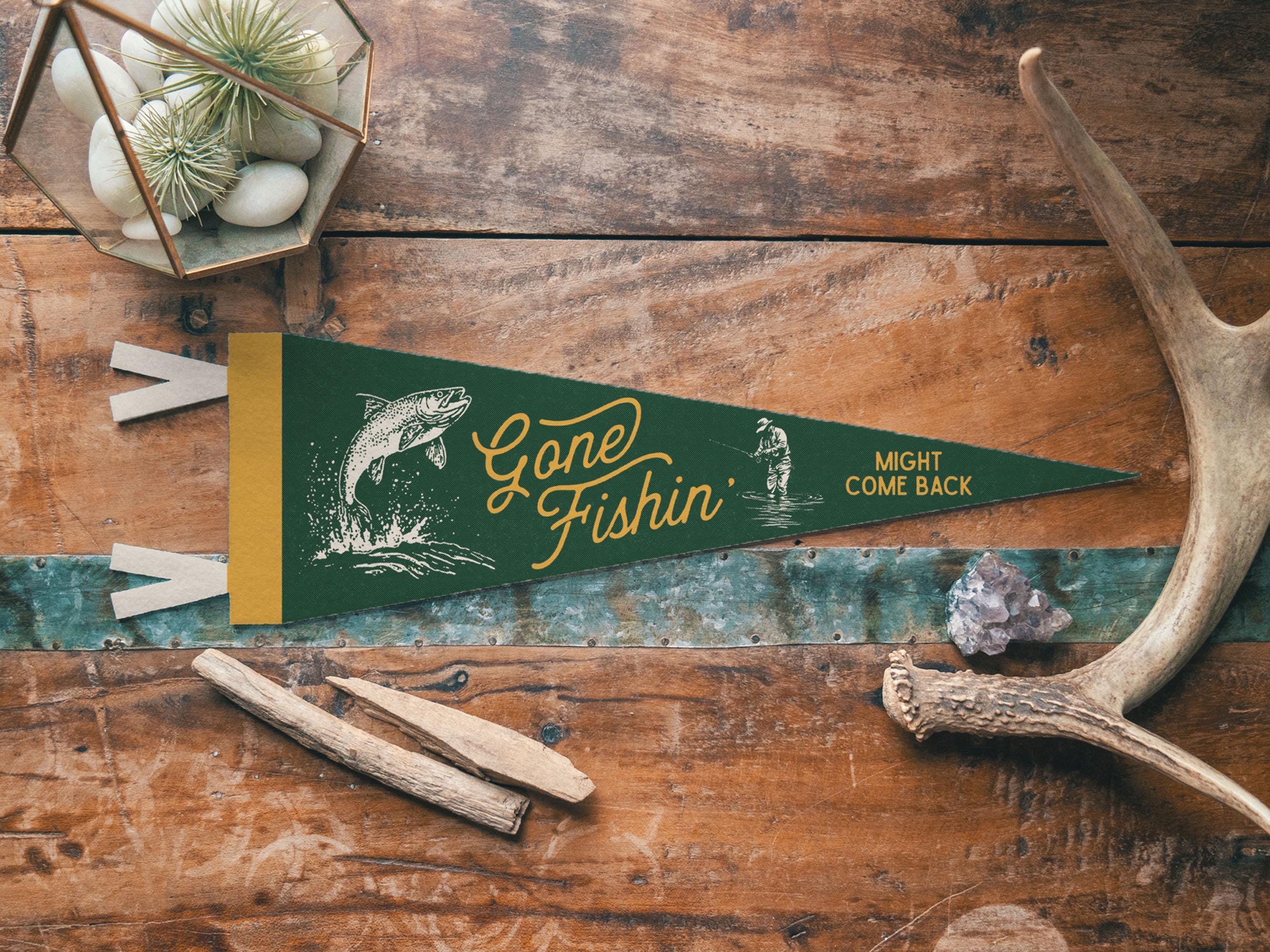 Gone Fishin' Felt Pennant | Vintage Sports Banner, Funny Fishing Gift Decor, Outdoorsman Wall Art Print.