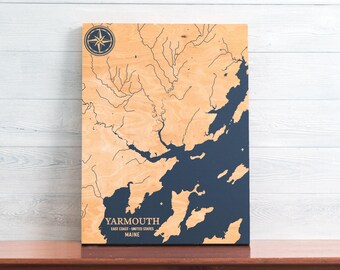 Yarmouth, Maine Map | Engraved Wood Coastal Chart Wall Art Sign, Beach House Home Decor Nautical Life Print, Unique Personalized Family Gift
