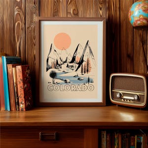 Colorado Mid Century Wall Art Poster - Vintage inspired mid century modern Decor Illustration, archival art print. Rocky Mountain gift.